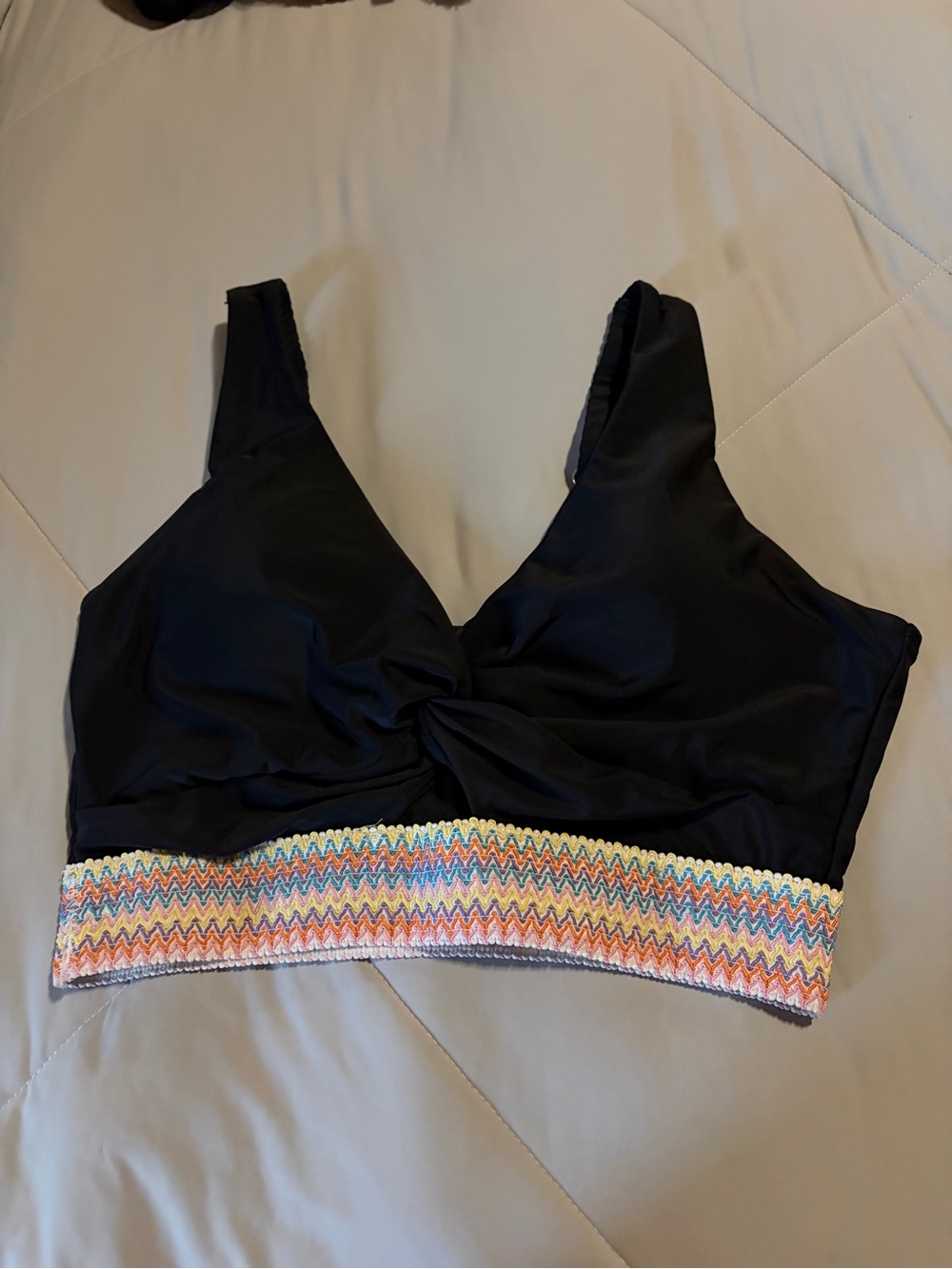 Black Women's Swim Top with Multicolor Zigzag Band